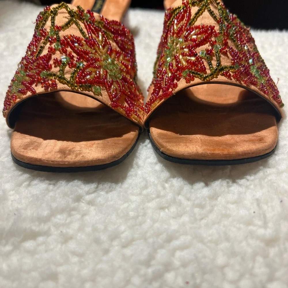 Beaded Silk Slide Sandals Size 10 Made in India Floral Boho Wooden Heel Resort - Picture 2 of 8